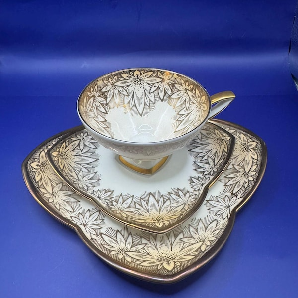Vintage Art Deco style gilded Alka Kunst Bavaria cup, saucer and dessert plate trio