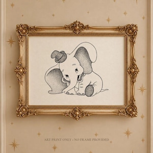 May include: A black and white line art illustration of a baby elephant with large ears wearing a small hat, centered within an ornate, metallic gold-colored rectangular frame. The text at the bottom reads: ART PRINT ONLY - NO FRAME PROVIDED.