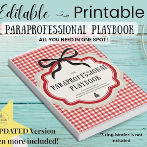 May include: A printable document titled The Paraprofessional Playbook with a red and white gingham pattern cover. The design features a black bow graphic, a central label with text, and a yellow star graphic with the text Caseloads & Confidence.