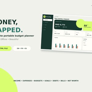 May include: A digital interface for the MoneyMap budget planner displayed on a screen. The dashboard features dark green and lime green accents, showing financial data, charts, and the text Money, Mapped. Complete portable budget planner.