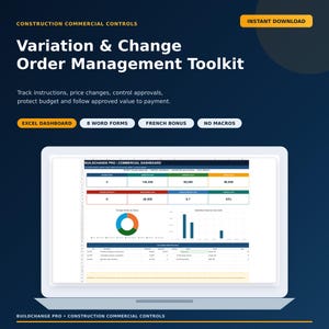 Construction Change Order Log Excel, Variation Tracker Dashboard, Contractor Commercial Management Toolkit, Editable Word Templates