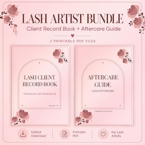 May include: A Lash Artist Bundle featuring a Client Record Book and Aftercare Guide. The design is light pink with dark pink floral accents and arched frames. Text includes LASH ARTIST BUNDLE, Client Record Book + Aftercare Guide, 2 PRINTABLE PDF FILES.
