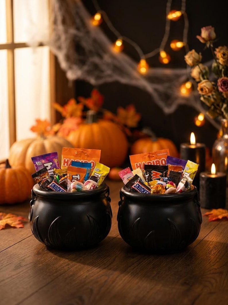 Halloween Witch Cauldron Candy Bucket Black Plastic Trick or Treat Bowl ...