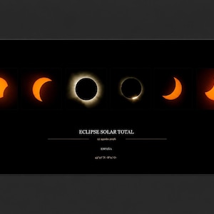 Puede incluir: Un gráfico horizontal que muestra seis fases de un eclipse solar sobre un fondo negro. Debajo de las imágenes, el texto dice: ECLIPSE SOLAR TOTAL, 12 agosto 2026, ESPAÑA, 43°27' N - 8°11' O. La secuencia muestra la transición del sol.