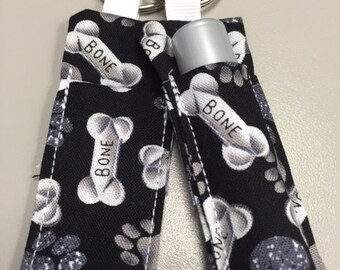 Black Dog bone and print fabric lip balm /chapstick holder keychain. FREE SHIPPING!