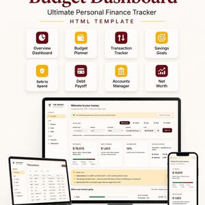 May include: An 8-in-1 money tracker budget dashboard HTML template featuring a main desktop monitor, a laptop, and a smartphone displaying personal finance data. Icons represent overview, budget, transactions, savings, debt, and net worth.