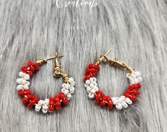 Red & white beaded hoops