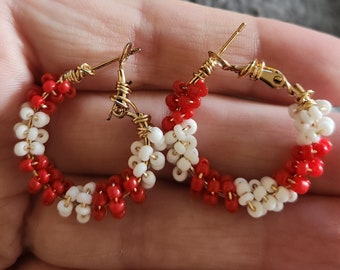 Red & White beaded hoops/beaded hoops/earrings/jewelery/beaded/ hoops/trendy/stylish