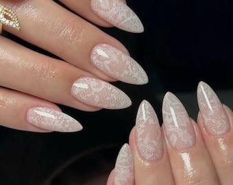 Handmade Press-On Nails | Classy Elegant White Lace French Tip Fake  Nails