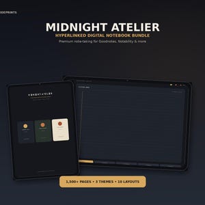 Peut inclure: Un ensemble de carnets numériques intitulé Midnight Atelier avec des pages hyperliées pour les applications de prise de notes. L'interface sombre affiche 1 500+ pages, 3 thèmes et 10 mises en page sur deux écrans de tablette sur fond sombre.