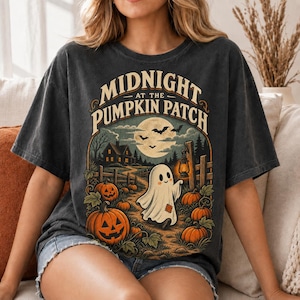 Midnight at the Pumpkin Patch Shirt, Vintage Halloween Ghost Comfort Colors Tee, Retro Fall T-Shirt