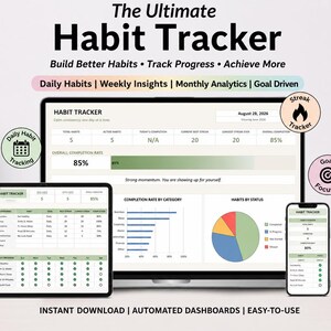 May include: A digital habit tracker displayed on a laptop, tablet, and smartphone screen. The interface features charts, progress bars, and tables with text including The Ultimate Habit Tracker, Daily Habits, and Completion Rate by Category.