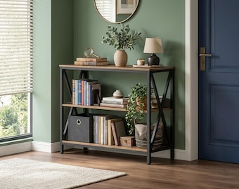 Mesa consola, mesa de entrada de estilo industrial, mesa auxiliar de tres niveles para sofá, mesa de pasillo estrecha, mesa consola rústica para sala de estar.