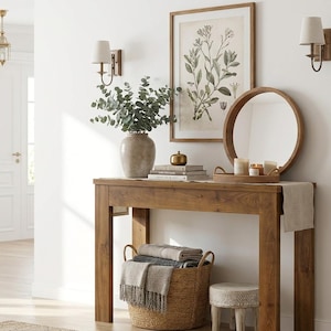 May include: A wooden console table featuring a round mirror, a ceramic vase with eucalyptus branches, a stack of books, a woven tray with candles, and a woven basket filled with folded gray and beige blankets underneath.