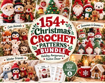 Puede incluir: Una colección digital de más de 154 patrones de ganchillo navideños que incluye figuras amigurumi como Santa, muñecos de nieve, renos, animales y decoración festiva, con instrucciones en PDF y fotos paso a paso.