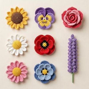 May include: A collection of eight crocheted flower appliques including a yellow sunflower, a purple and yellow pansy, a pink rose, a white daisy, a red poppy, a pink flower, a blue flower, and a tall purple lupine stem with a green stem.