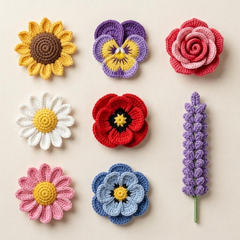 May include: A collection of eight crocheted flower appliques including a yellow sunflower, a purple and yellow pansy, a pink rose, a white daisy, a red poppy, a pink flower, a blue flower, and a tall purple lupine stem with a green stem.