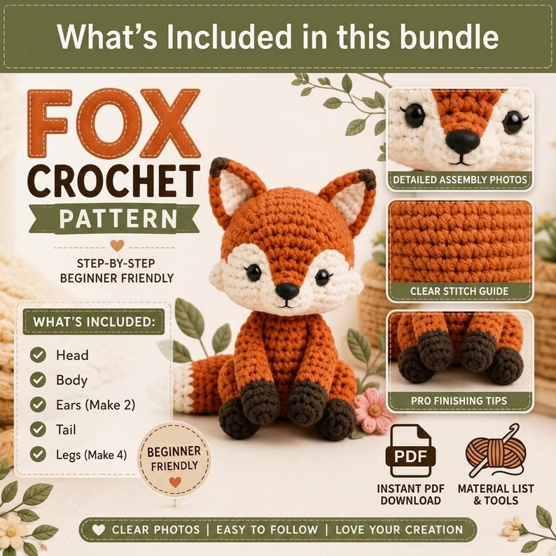 May include: A digital crochet pattern for a fox, featuring text that reads Fox Crochet Pattern, What's Included in this bundle, and Beginner Friendly. The image displays a finished orange and white crocheted fox toy with black paws and eyes.