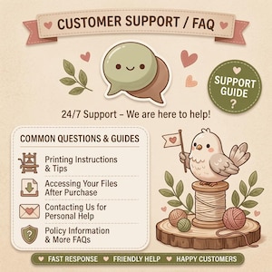 May include: A customer support and FAQ graphic featuring a banner with the text CUSTOMER SUPPORT / FAQ, a speech bubble icon, and a support guide circle. A bird holds a flag atop a wooden spool with yarn balls on a wood slice base.