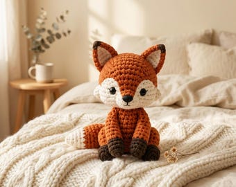 May include: A crocheted fox stuffed animal featuring a burnt orange body, a white face and chest, dark brown paws, and pointed ears with dark brown tips. The fox has black safety eyes and a small black nose, with a white-tipped bushy tail.