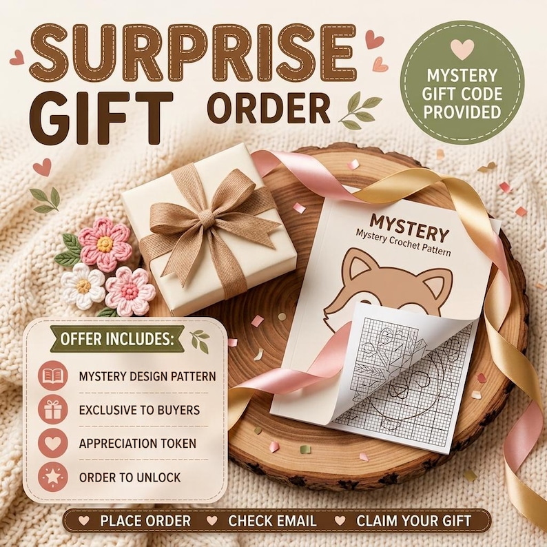 May include: A surprise gift order set featuring a cream-colored gift box with a brown ribbon, a mystery crochet pattern booklet with a fox illustration and grid chart, and a text box listing offer details including a mystery design pattern.