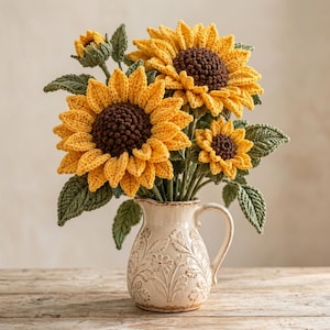 May include: A bouquet of crocheted sunflowers with bright yellow petals and dark brown centers, accompanied by green crocheted leaves. The flowers are arranged in a cream-colored ceramic pitcher featuring an embossed floral pattern.