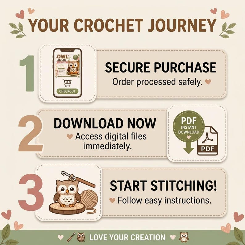 May include: An infographic titled YOUR CROCHET JOURNEY with three steps. Step 1 shows a phone checkout screen. Step 2 shows a PDF download icon. Step 3 shows an owl, a crochet hook, and yarn. The text includes SECURE PURCHASE, DOWNLOAD NOW, and START STITCHING.