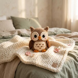 May include: A crocheted owl plush toy with large black eyes, a small orange beak, and light brown and cream yarn. The owl sits on a thick, cream-colored chunky knit blanket decorated with small, attached pink and white crocheted flower appliques.