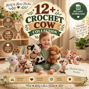 Pode incluir: Uma coleção digital de mais de 12 padrões de crochê de vacas intitulada 12+ CROCHET COW COLLECTION da Motif & Muse Studio. A imagem apresenta vários brinquedos de pelúcia de vaca feitos à mão em diferentes cores e texturas.