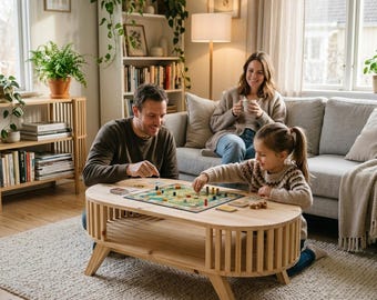 Puede incluir: Una mesa de centro ovalada de madera clara con laterales de listones verticales y un estante inferior abierto. La superficie de la mesa contiene un juego de mesa con pequeñas piezas de colores y cartas, sobre una alfombra.