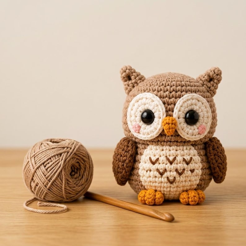 May include: A crocheted owl figurine with a light brown body, cream-colored belly with brown V-shaped stitching, large black eyes, and orange beak and feet. Beside the owl sits a ball of light brown yarn and a wooden crochet hook.