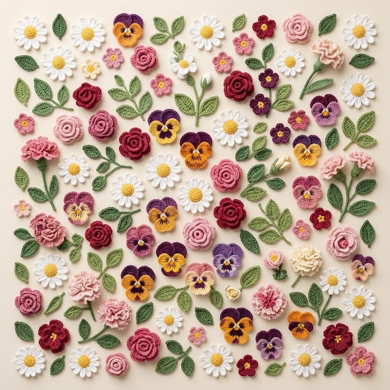 May include: A collection of assorted crochet flower and leaf appliques in various colors including white, yellow, pink, red, and purple. The set features detailed daisies, roses, pansies, and green foliage pieces arranged in a scattered pattern.