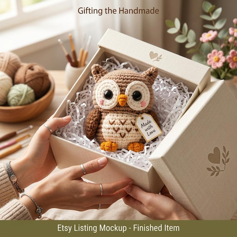 May include: A crocheted brown and cream owl toy with large black eyes and an orange beak, nestled in a white gift box filled with shredded paper. A small tag attached to the owl reads Made with Love. The box lid features a heart and leaf design.