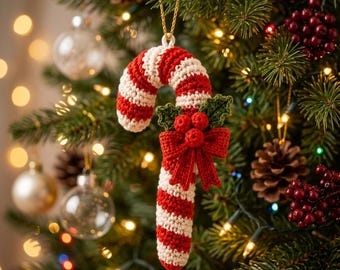 May include: A crocheted candy cane ornament featuring alternating red and white yarn stripes. The ornament is decorated with a small red crocheted bow and three red crocheted berries nestled among two green crocheted holly leaves, hanging by a gold cord.