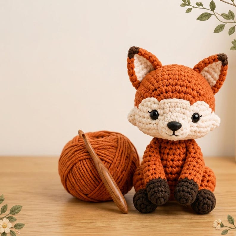 May include: A crocheted fox stuffed animal with orange, white, and dark brown yarn, featuring black safety eyes and a small black nose. Next to the fox is a round ball of orange yarn with a wooden crochet hook resting against its side.