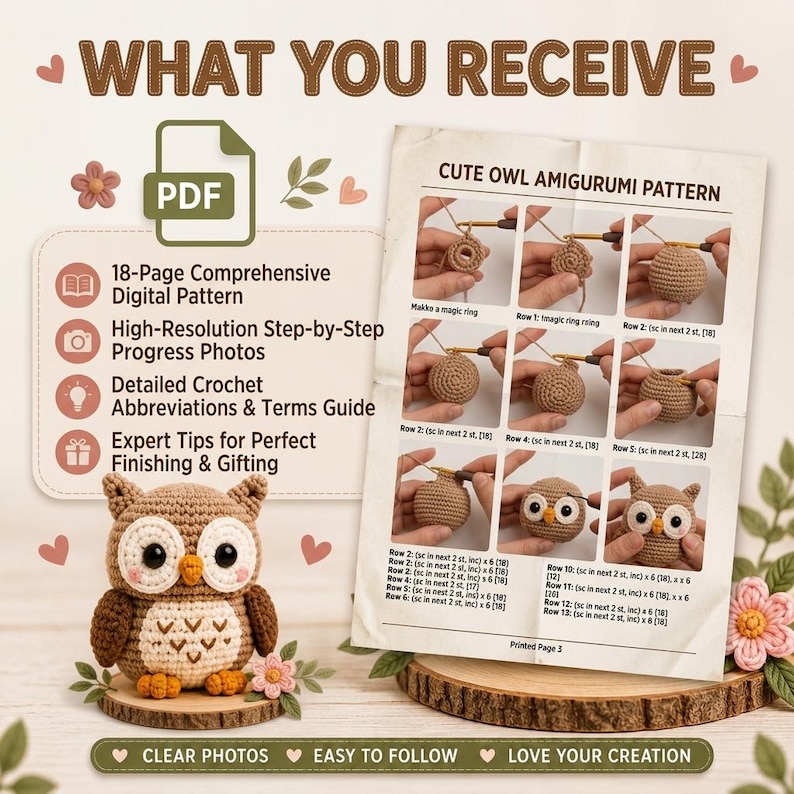 May include: A digital PDF crochet pattern for an owl amigurumi, featuring an 18-page guide with step-by-step photos, abbreviations, and finishing tips. The document displays a finished brown and cream crocheted owl with large eyes.