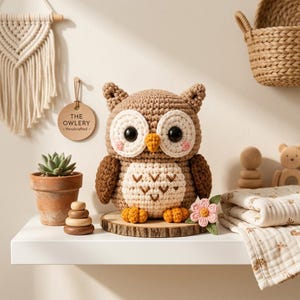 May include: A crocheted owl plush toy with brown and cream yarn, large black eyes, and orange feet. It sits on a circular wood slice next to a small potted succulent, a wooden stacking toy, and a pink crocheted flower with green leaves.