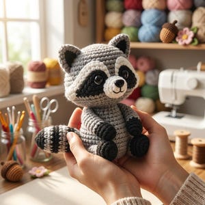 May include: A small, handmade crochet raccoon plush toy featuring a grey body, a white muzzle, black eye patches, and a striped tail. The stuffed animal has a round head, small pointed ears, and black paws, crafted with detailed yarn stitching.