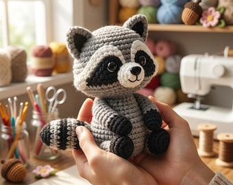 May include: A small, handmade crochet raccoon plush toy featuring a grey body, a white muzzle, black eye patches, and a striped tail. The stuffed animal has a round head, small pointed ears, and black paws, crafted with detailed yarn stitching.