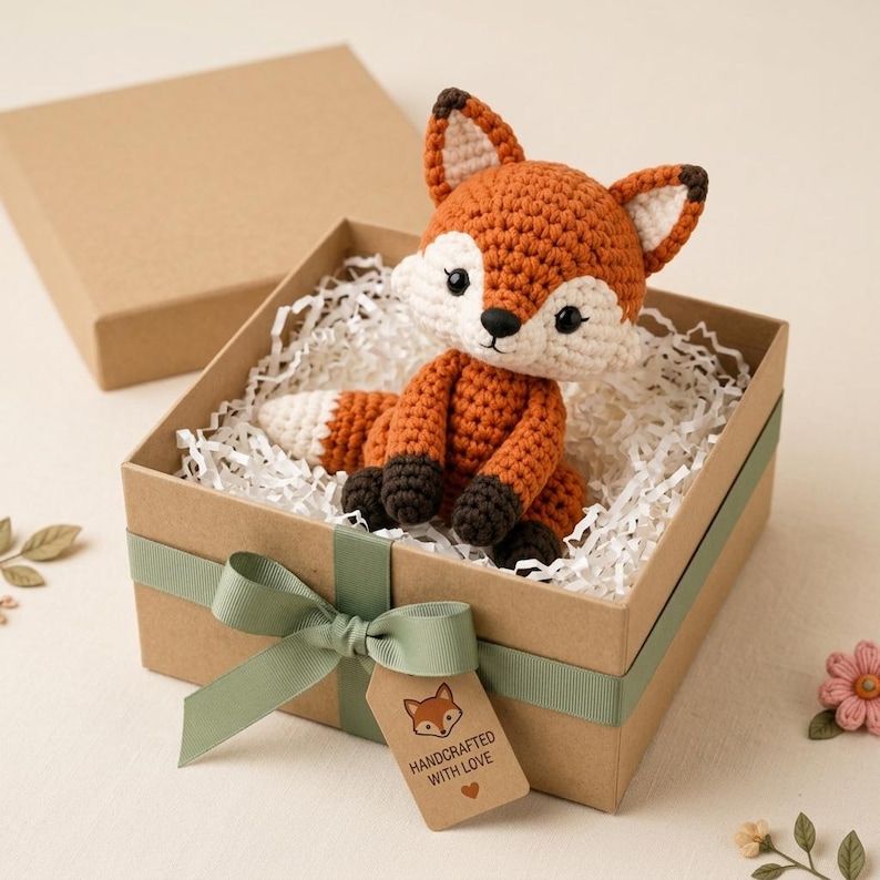 May include: A crocheted fox toy with orange, white, and dark brown yarn, featuring black safety eyes and a black nose. The fox sits inside a square brown cardboard gift box filled with white paper shred, tied with a green ribbon and a tag.
