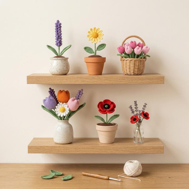 May include: A collection of crocheted flowers in various pots and a basket, including lavender, a sunflower, tulips, a daisy, and poppies. A crochet hook and a ball of yarn sit below on the surface, along with three small green crocheted leaves.