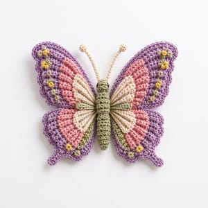 May include: A crochet butterfly ornament featuring a central olive green body with two antennae. The wings are layered with purple, pink, and cream yarn, accented by small yellow floral details along the outer edges of the purple wing sections.