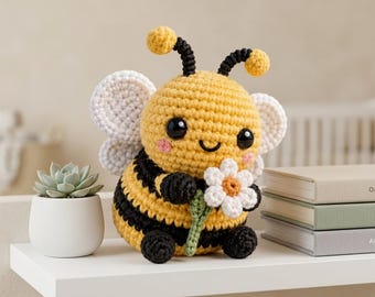 Puede incluir: Un peluche de abeja tejido a ganchillo con cuerpo de rayas amarillas y negras, alas blancas y antenas negras. La abeja tiene grandes ojos negros, mejillas rosadas y una boca sonriente, y sostiene una pequeña flor blanca con centro amarillo.