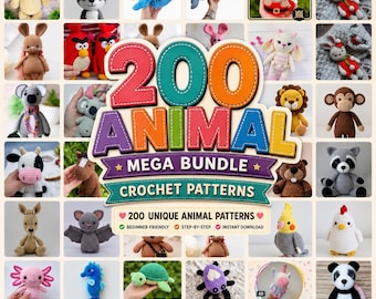 May include: A digital graphic featuring the text 200 ANIMAL MEGA BUNDLE CROCHET PATTERNS surrounded by a grid of various crocheted animal figures including a bear, shark, monkey, panda, turtle, and axolotl, showcasing diverse yarn colors and textures.
