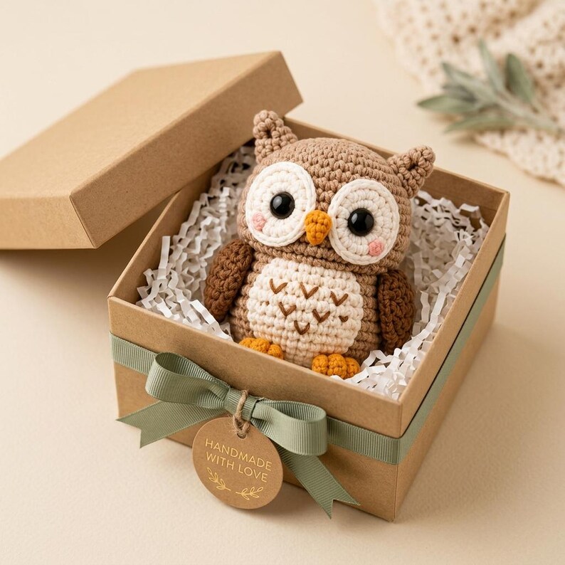 May include: A crocheted owl toy with brown and cream yarn, large black eyes, and orange feet, nestled in a kraft paper gift box filled with white paper shred. The box is tied with a sage green ribbon and a round tag reading Handmade With Love.