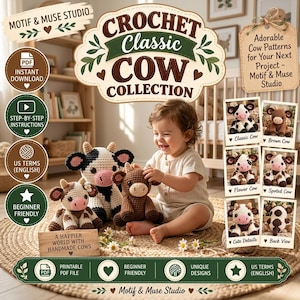 Puede incluir: Una colección de patrones digitales titulada Crochet Classic Cow Collection de Motif & Muse Studio, que incluye instrucciones para varios peluches de vaca tejidos a ganchillo, incluyendo diseños de vaca blanca y negra, marrón y moteada.