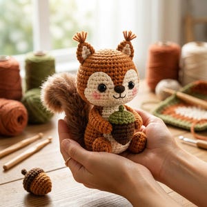 Könnte beinhalten: Ein gehäkeltes Eichhörnchen-Amigurumi aus braunem und cremefarbenem Garn mit buschigen Ohren, schwarzen Sicherheitsaugen, rosa Wangen und einem flauschigen Schwanz. Das Eichhörnchen hält eine kleine gehäkelte Eichel mit grüner Kappe in den Pfoten.