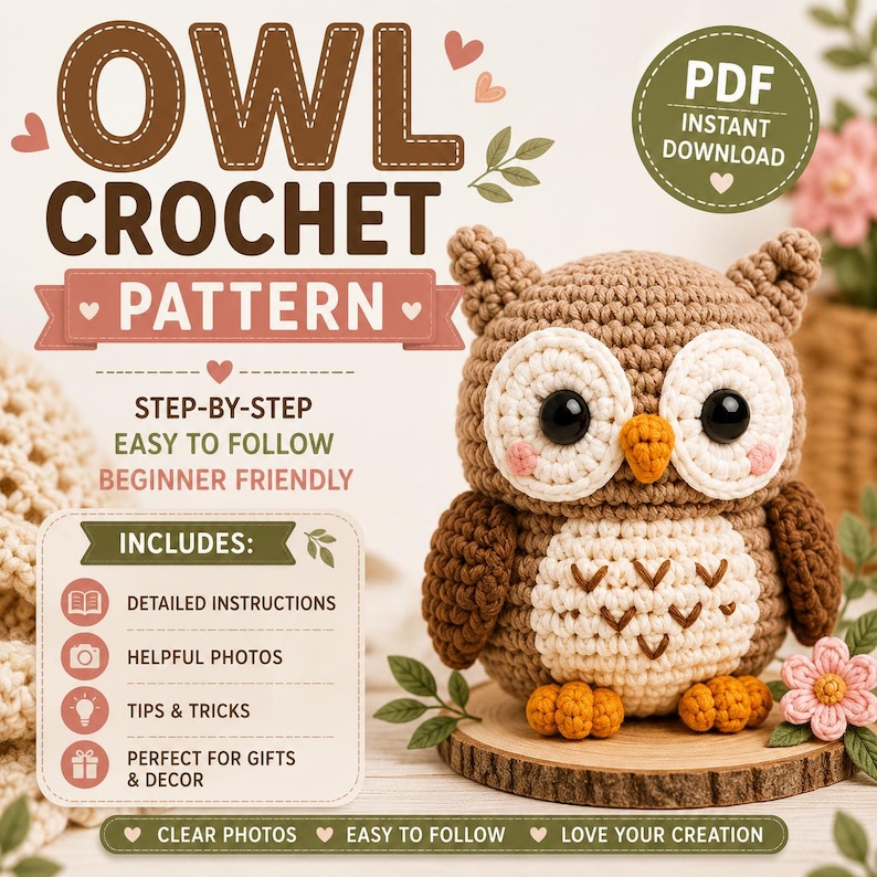 May include: A crochet pattern for an owl, presented as a PDF instant download. The document features the text OWL CROCHET PATTERN, includes step-by-step instructions, and displays a finished brown and cream crocheted owl with large black eyes.