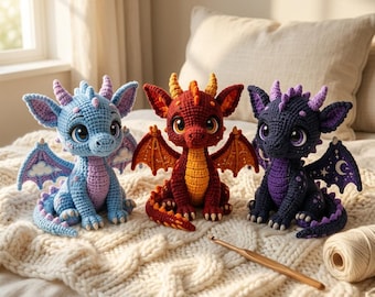 May include: Three crocheted dragon plush toys in light blue, deep red, and dark purple. Each creature features large eyes, small horns, and detailed wings with cloud, sun, and moon motifs. A wooden crochet hook and yarn are placed nearby.