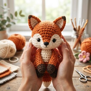 May include: A small, handcrafted crochet fox toy featuring orange, cream, and dark brown yarn. The fox has pointed ears, black safety eyes, a stitched nose, and a bushy tail. The texture is created with dense, uniform crochet stitches.